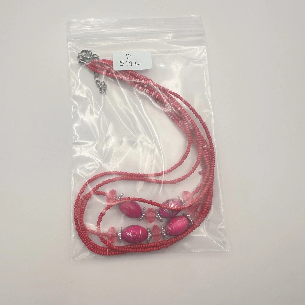 Vintage Y2K Silver Tone Multi Strand Red & Pink Beaded Necklace Jewelry